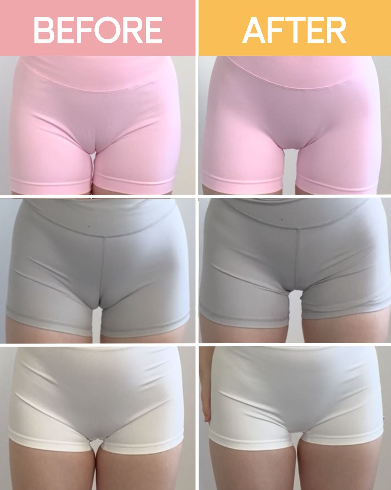 Before and after comparison of pink, gray, and white shorts on a plain background.