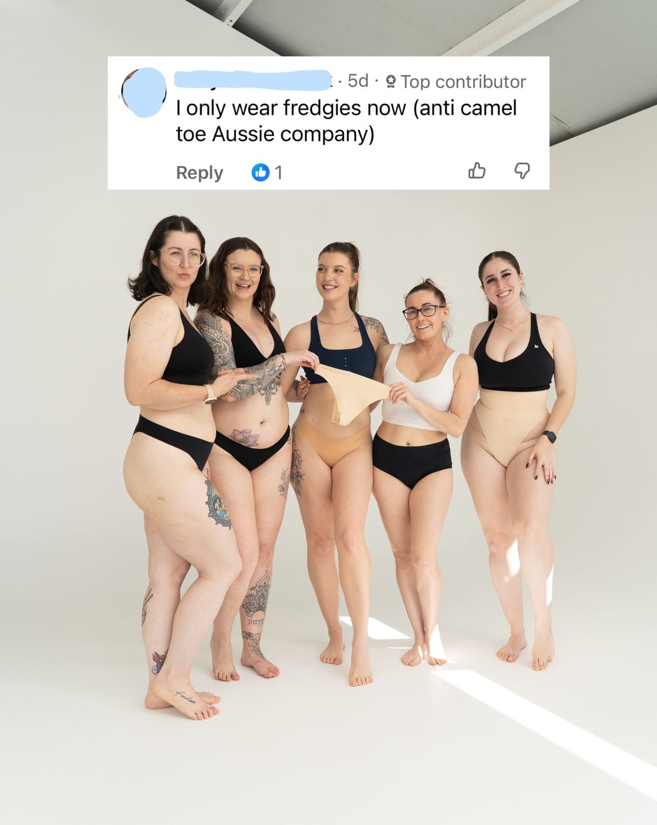 Five women standing in a studio wearing various shades of nude and blackunderwear, with a screenshot of a comment above them.
