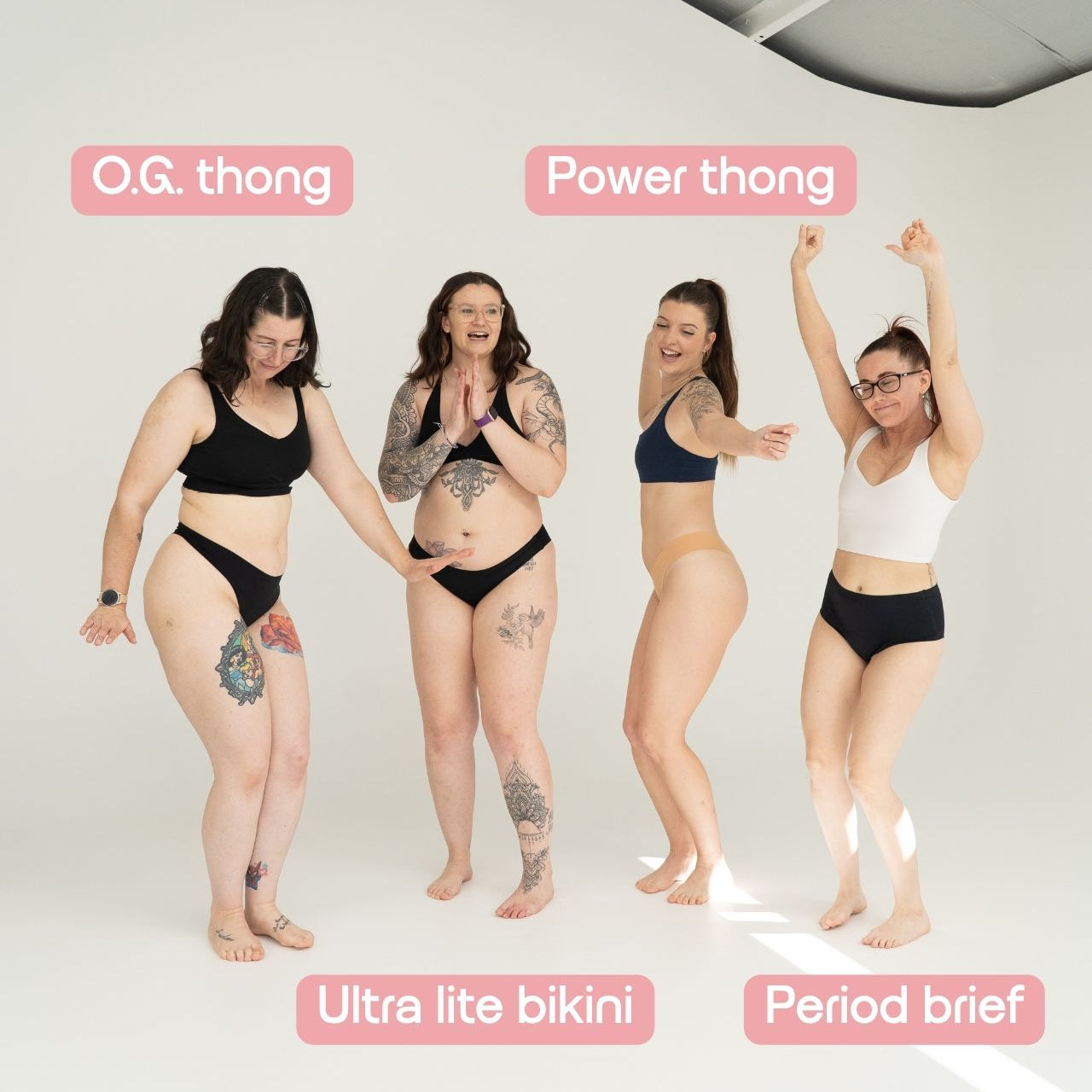 Four women modeling different bikini styles in a studio setting, with pink text labels reading 'O.G.