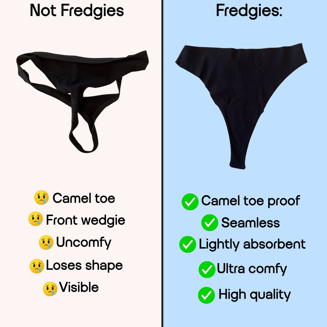 Comparison chart of 'Not Fredgies' and 'Fredgies' black underwear with features listed.