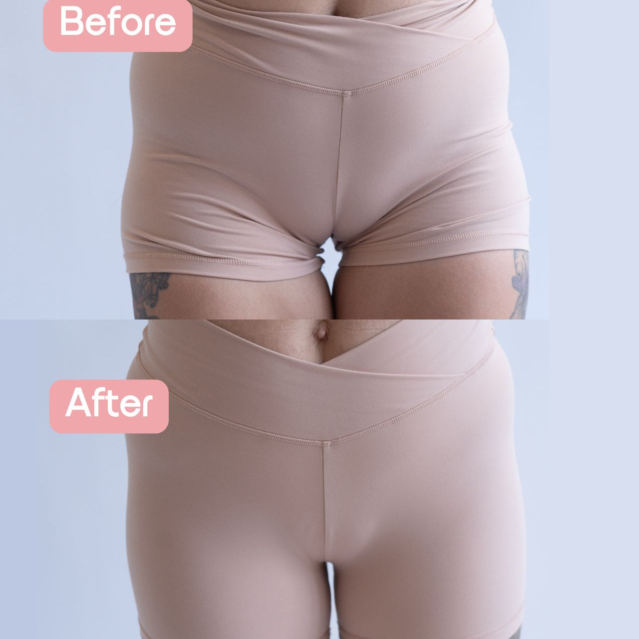 Fredgies before and after image in frotn seam shorts
