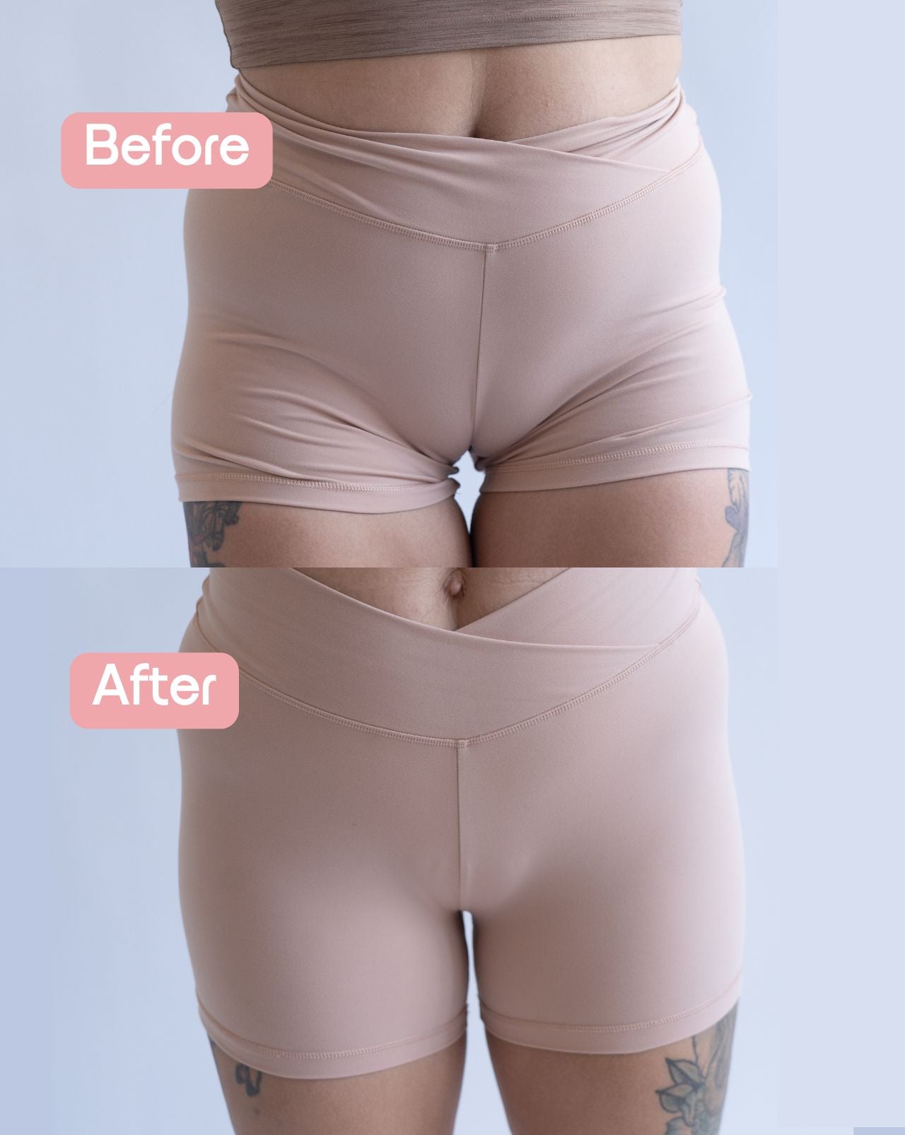 Fredgies before and after image in frotn seam shorts