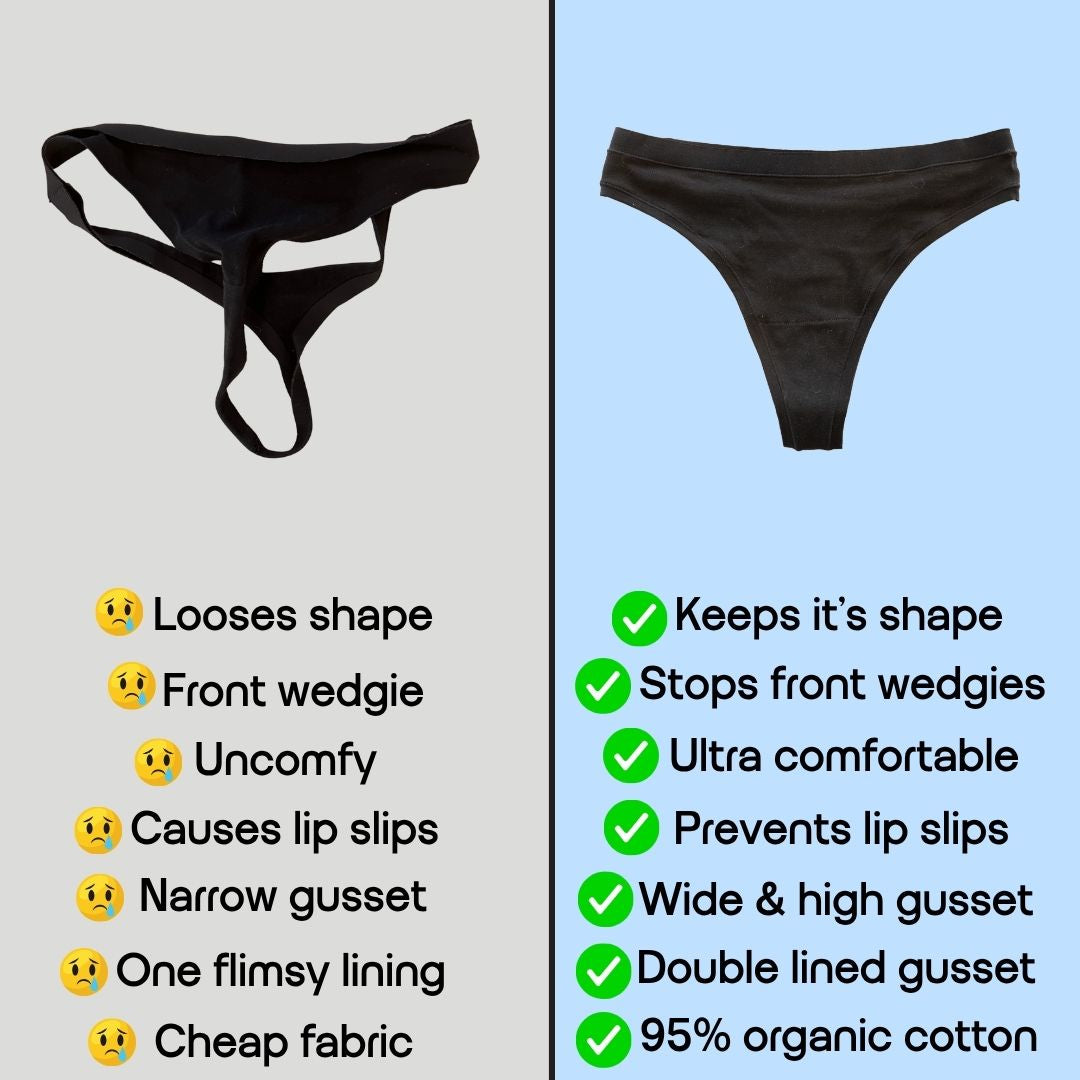 A side-by-side comparison graphic showing a black thong on a light gray background labeled 'Them:' with negative review text, and the same black thong on a light blue background labeled 'Us:' with positive review text and green checkmarks.