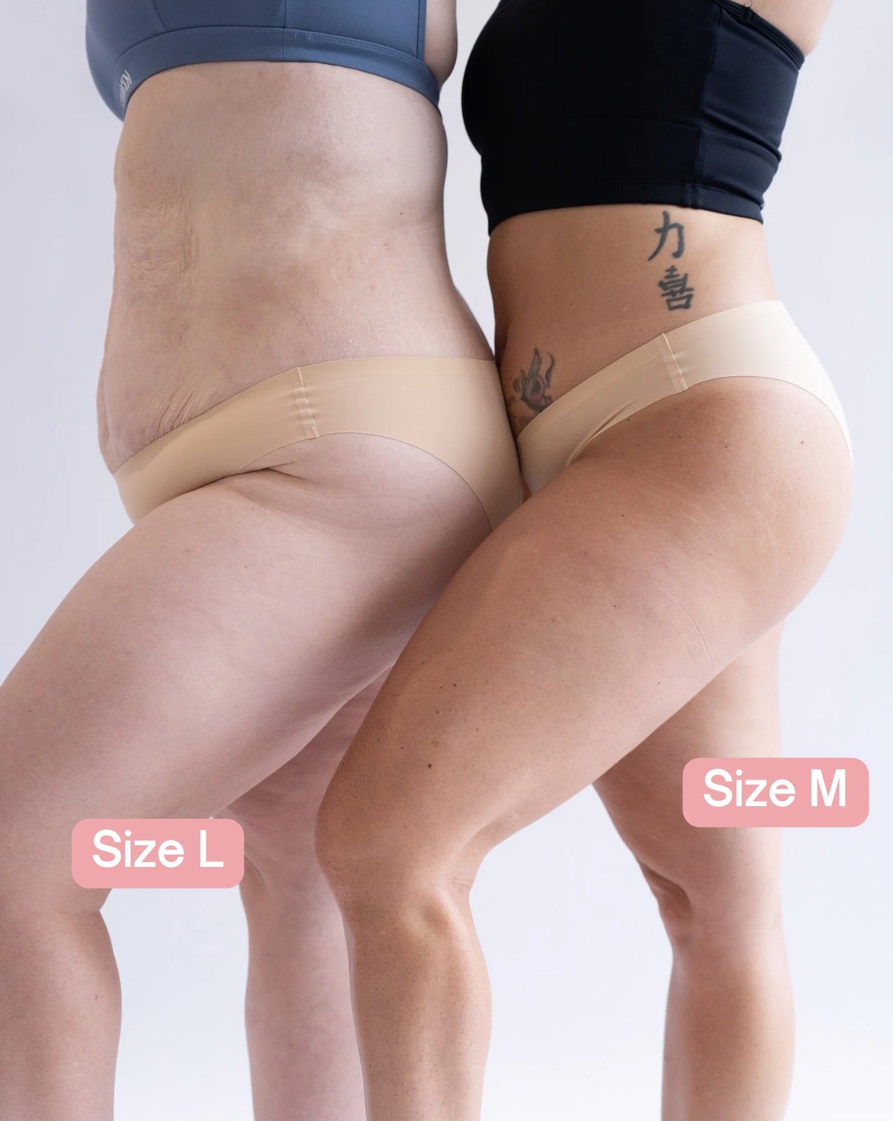 Two women bikini style Fredgies from the side