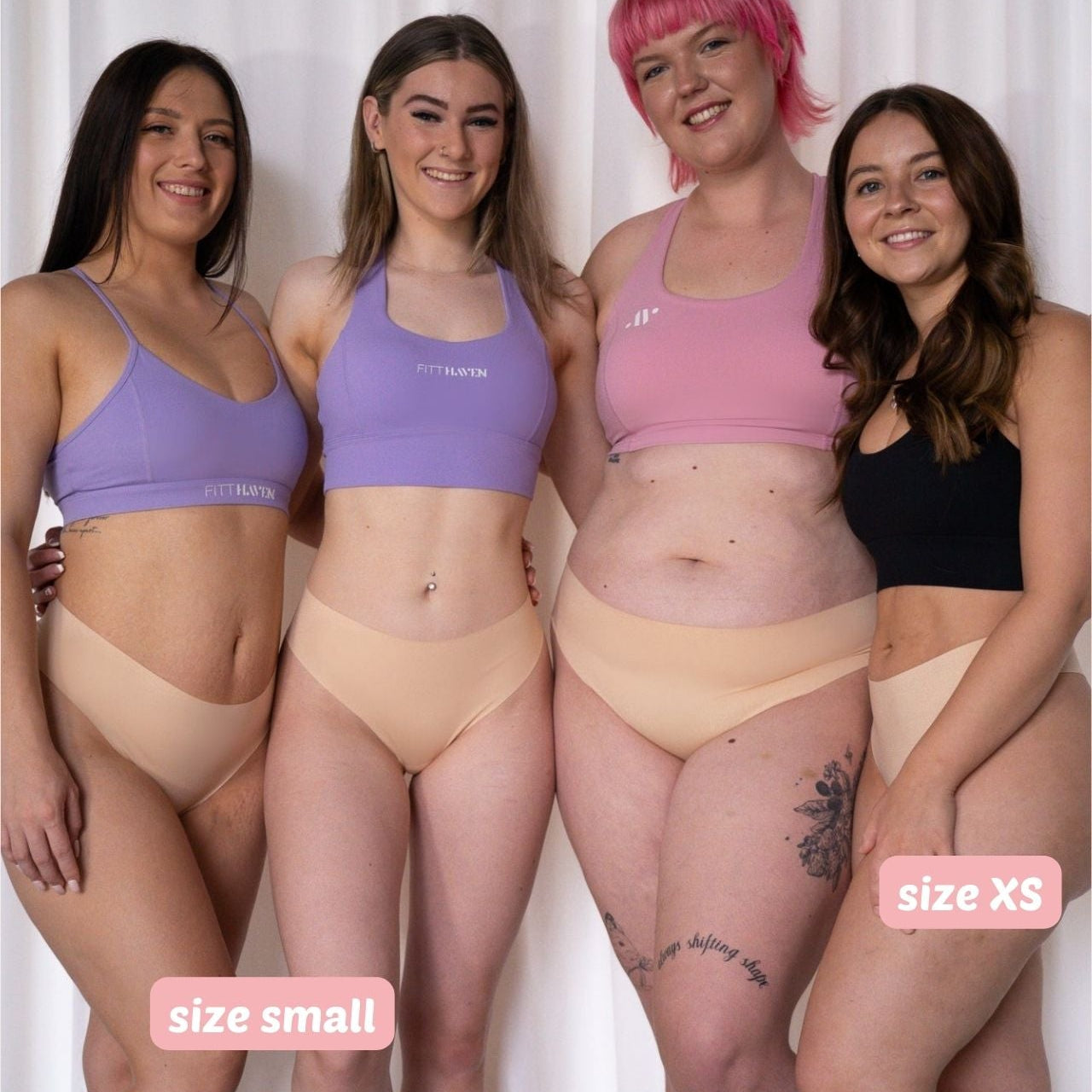 Group of women wearing Fredgies thongs in beige