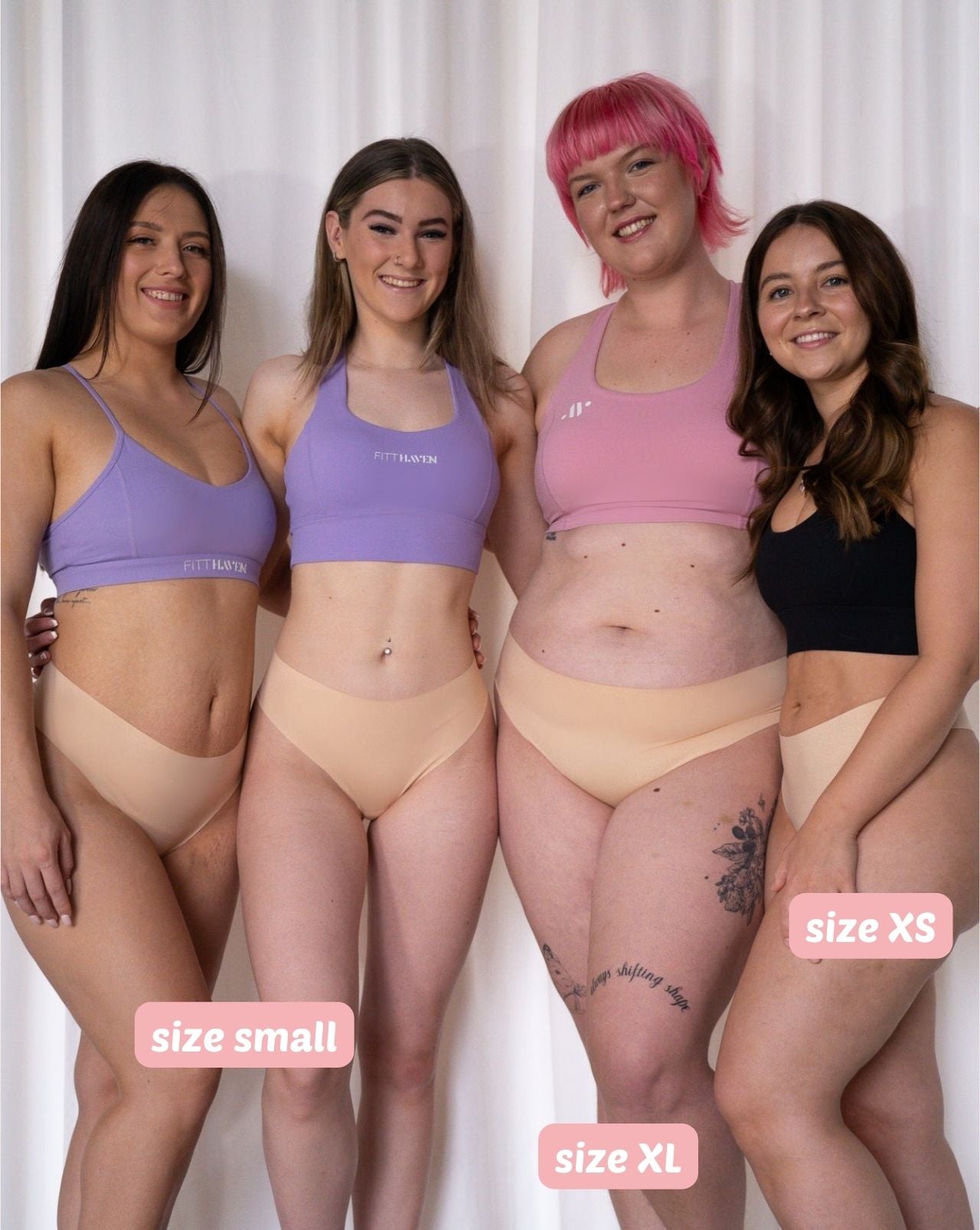 Group of women wearing Fredgies thongs in beige