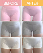 Before and after comparison of pink, gray, and white shorts on a plain background.