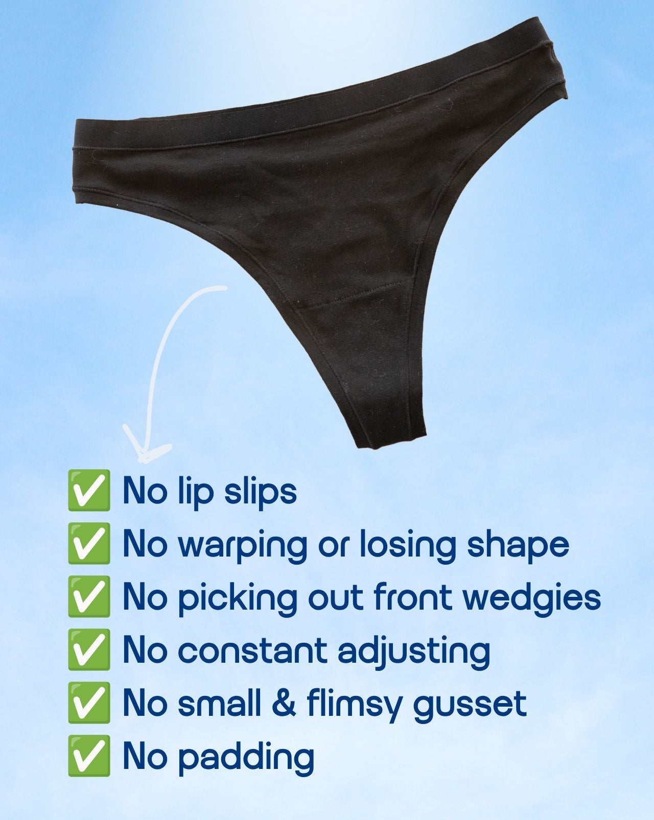 Black underwear bottom shown against a light blue sky background with a white arrow pointing to it and a checklist of benefits listed below, including no lip slips, no warping or losing shape, no picking out front wedgies, no constant adjusting, no small & flimsy gusset, and no padding.