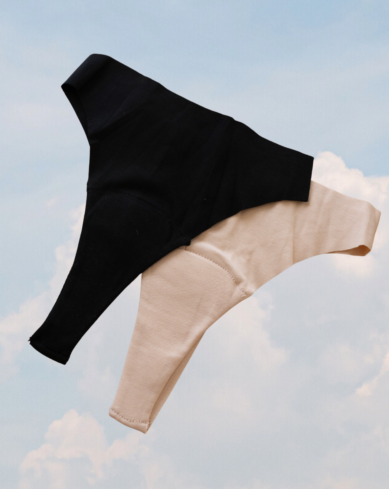 Black and beige Fredgies against a light blue sky