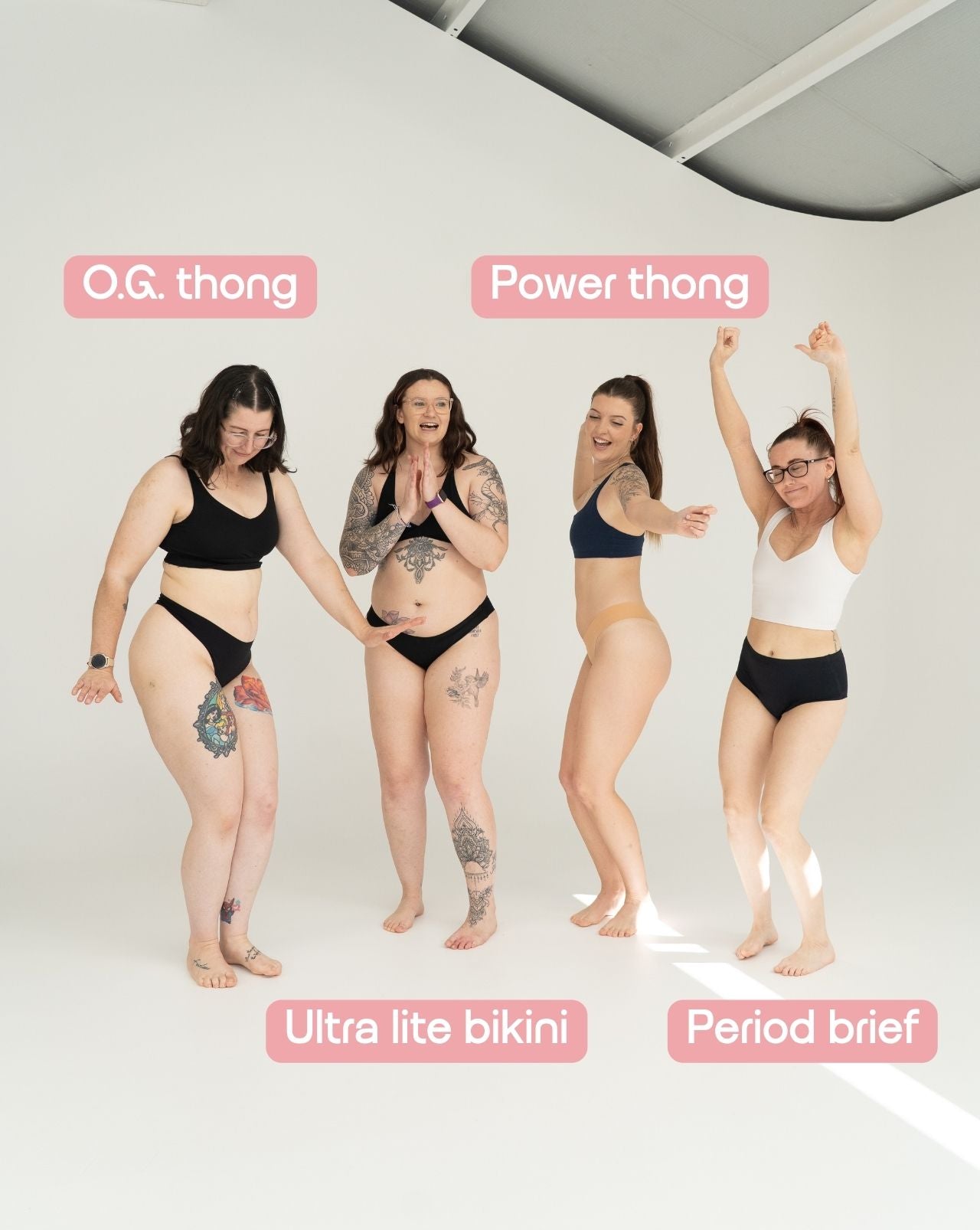 Four women modeling different bikini styles in a studio setting, with pink text labels reading 'O.G.