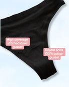Black underwear gusset detail shot on a light blue background with two pink text callouts reading 'High coverage stitched down gusset' and 'Double lined 100% cotton gusset'.
