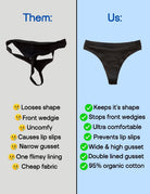 A side-by-side comparison graphic showing a black thong on a light gray background labeled 'Them:' with negative review text, and the same black thong on a light blue background labeled 'Us:' with positive review text and green checkmarks.